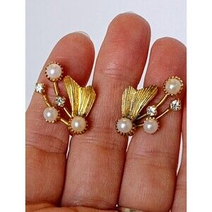 Vintage Art Nouveau Goldtone Rhinestone & Faux Pearl Climber Clip Earrings 1.1"